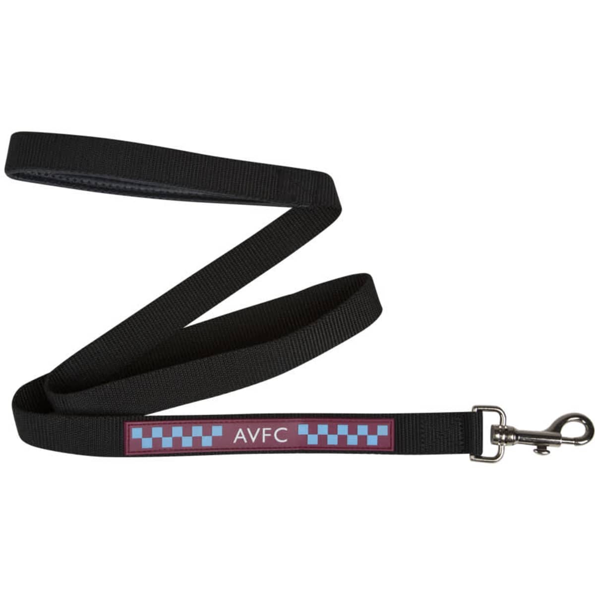 A black dog lead with a clip and a rectangular logo featuring a patterned design.