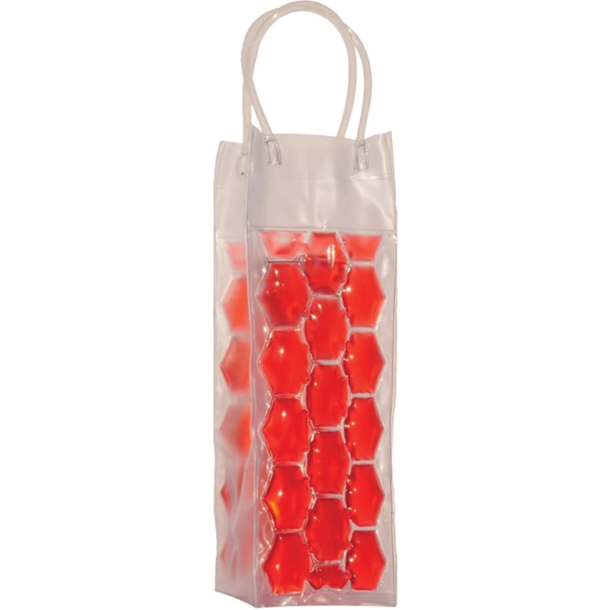 A transparent wine bag with red gel inserts and white handles, featuring a logo.