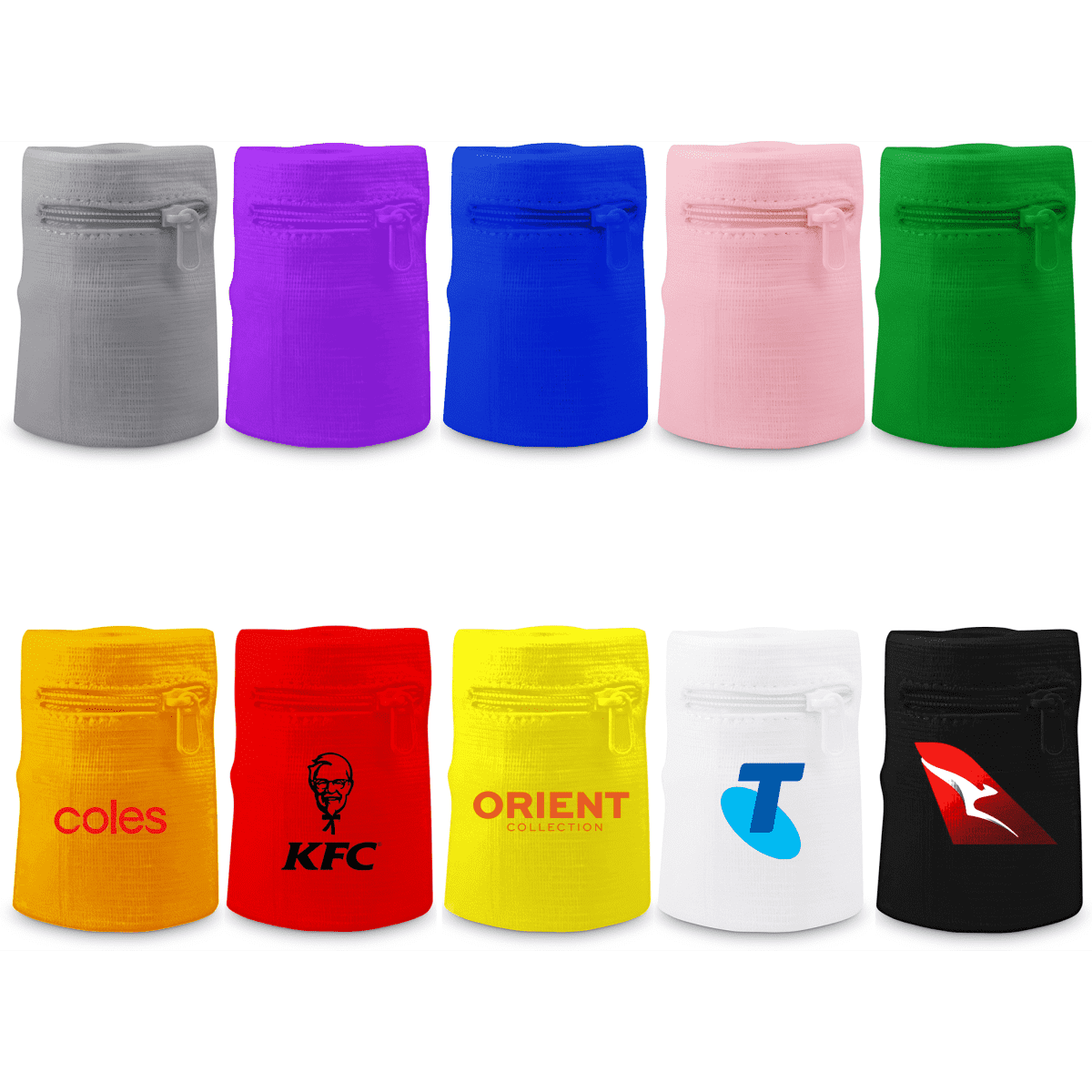 A collection of zippered sweat bands in grey, purple, blue, pink, green, yellow, red, white, and black, featuring various logos.