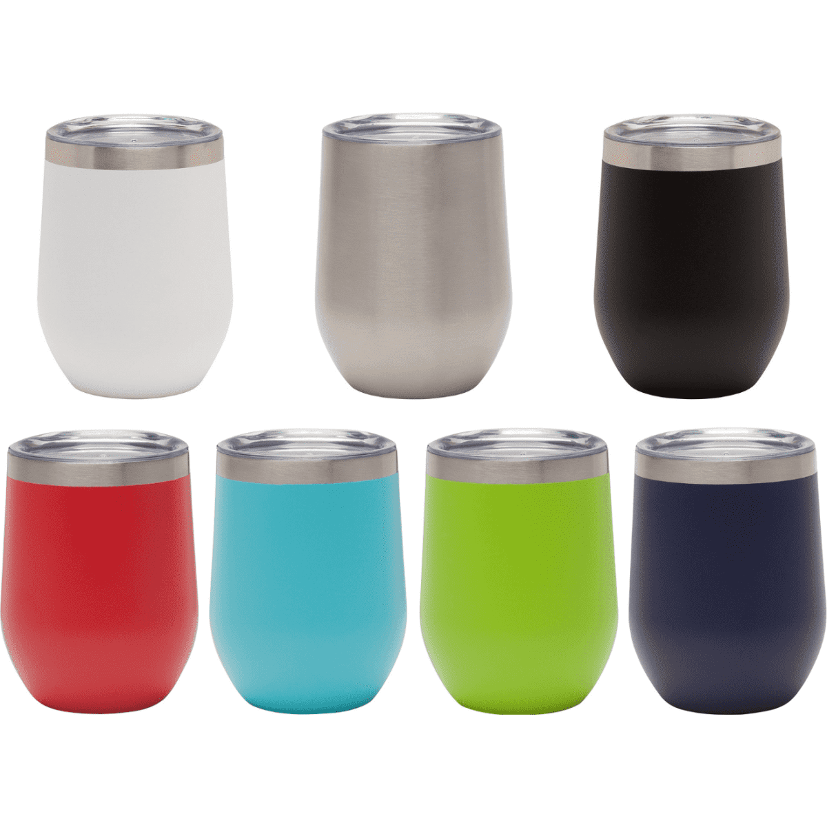 A drink bottle with a stainless steel lid, available in white, silver, black, red, blue, green, and navy. Features a logo.