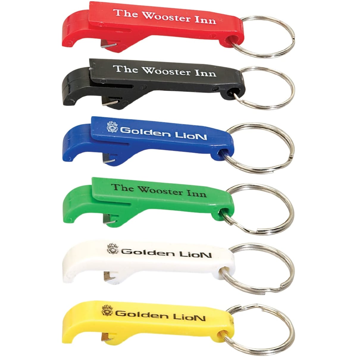 A drink bottle opener keyring collection featuring red, black, blue, green, and yellow options, each with a logo.