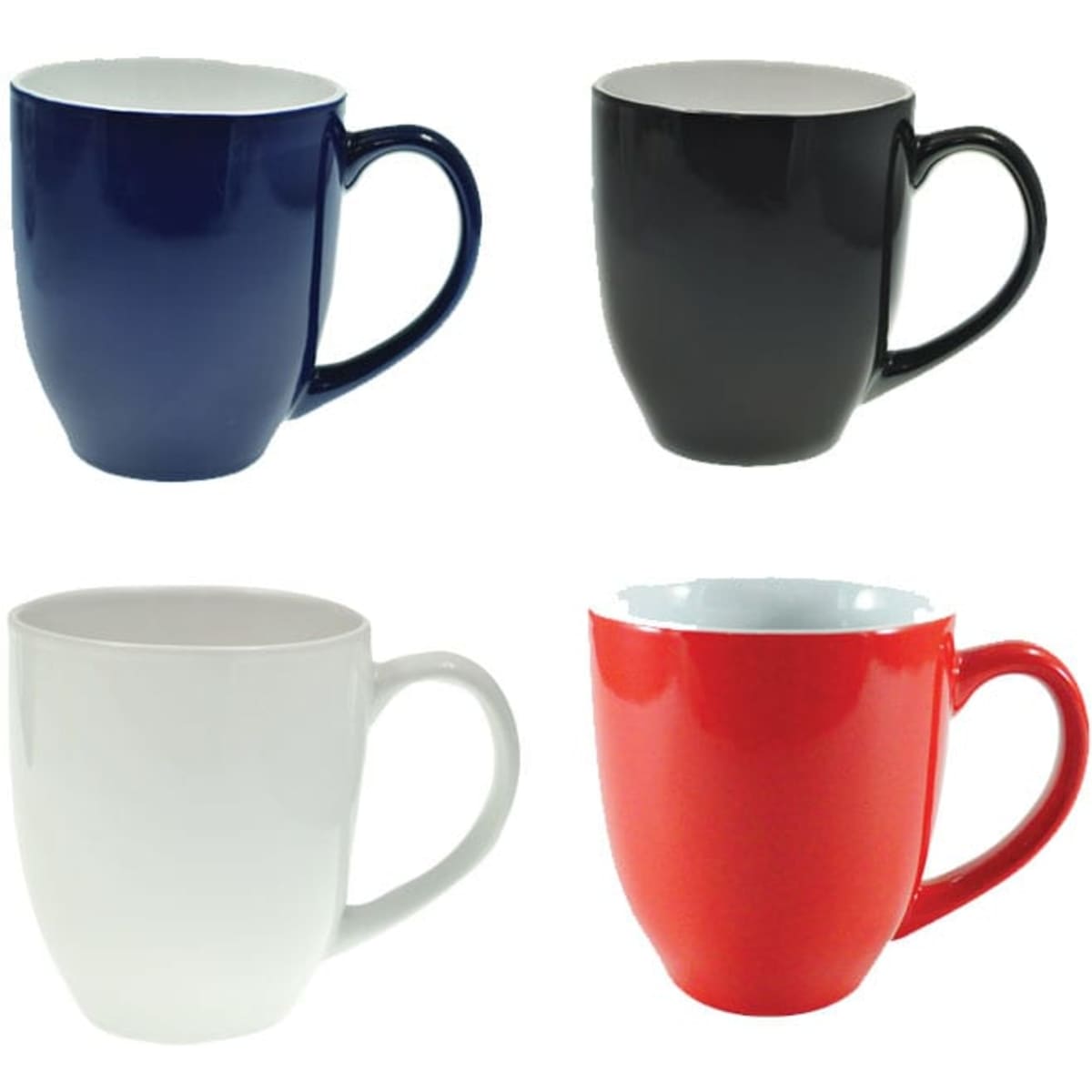 A set of four coffee mugs in navy blue, black, white, and red, each with a handle and a glossy finish.