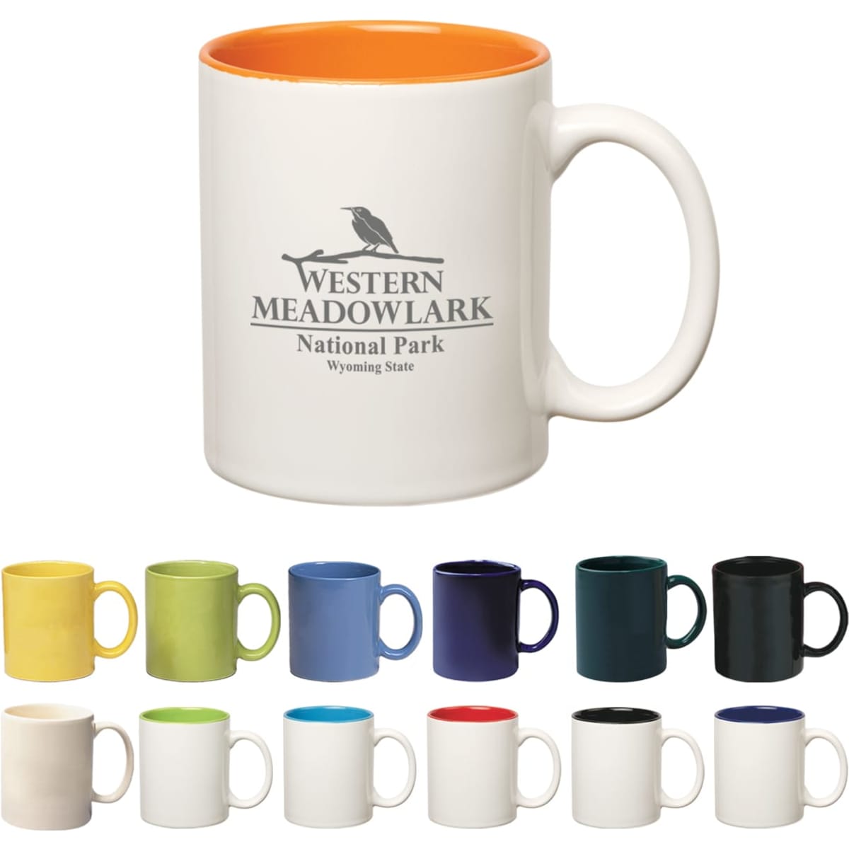A coloured stoneware mug with a C-handle, featuring various colour options including orange, yellow, green, and blue, with a logo.
