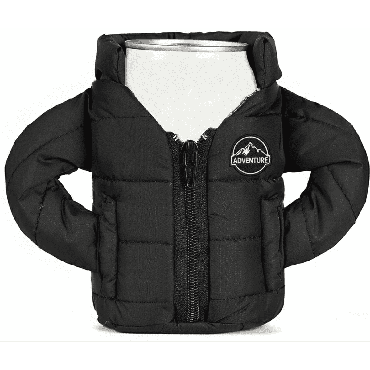 A black puffer jacket-styled stubby holder with arms, featuring a logo, designed for drink cans.