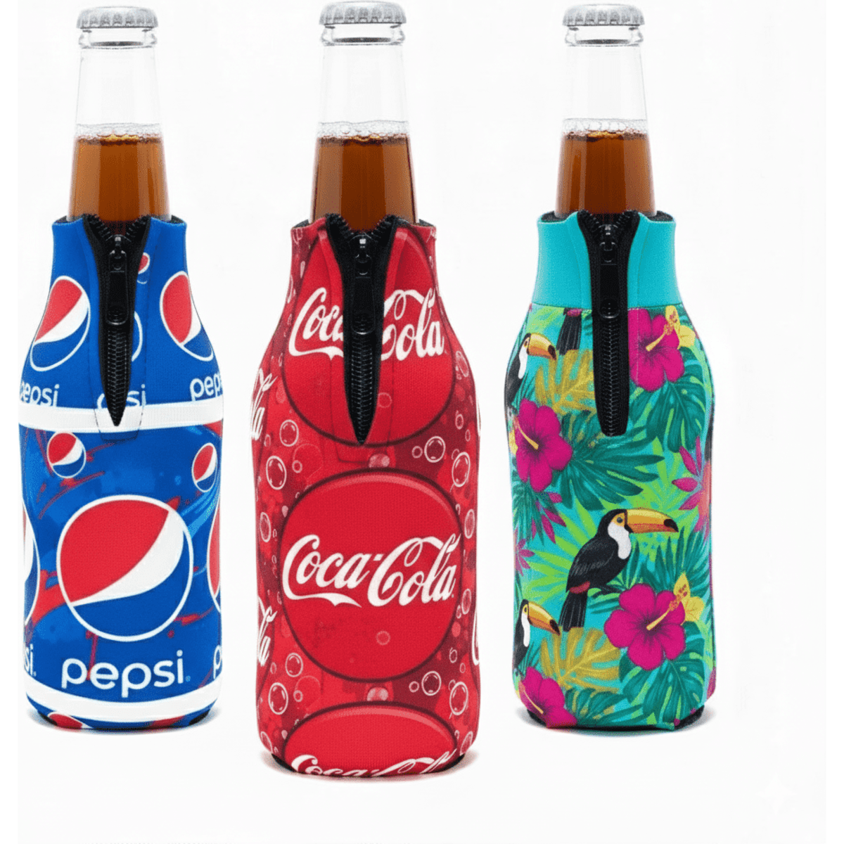A drink bottle cooler set featuring vibrant designs in blue, red, and tropical patterns, each with a zip.