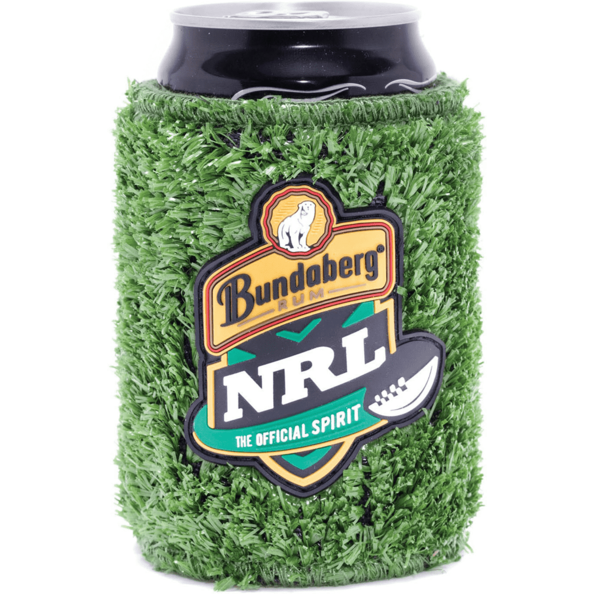 A drink bottle holder covered in green faux grass, featuring a logo and designed for cans.