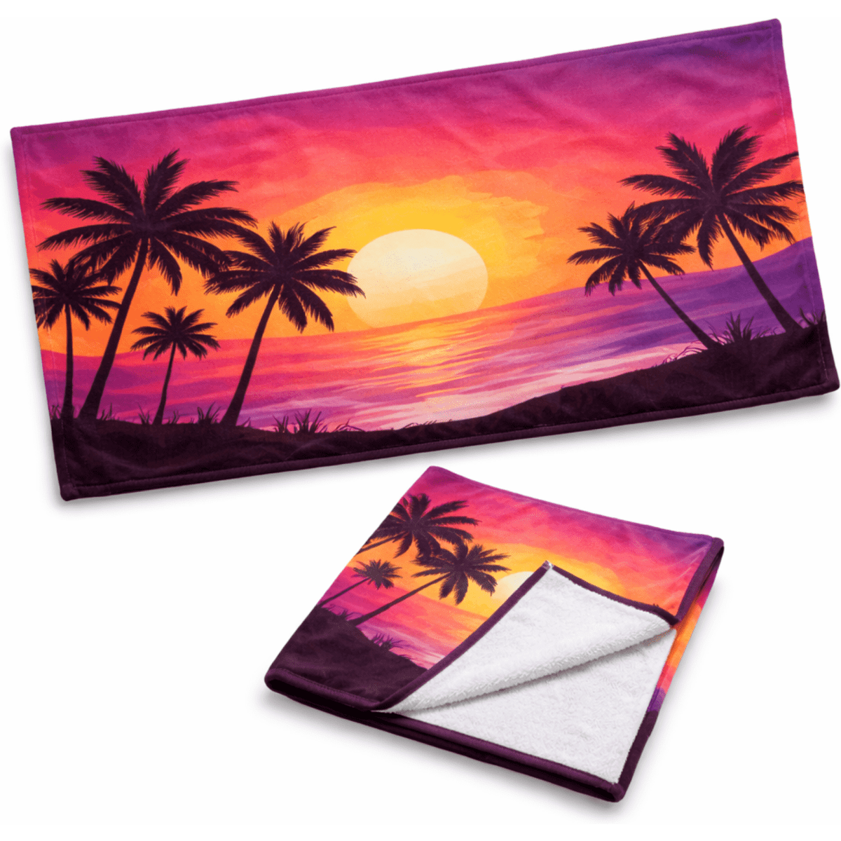 A vibrant palm beach towel featuring a sunset design in shades of purple, pink, and orange, with a white underside.