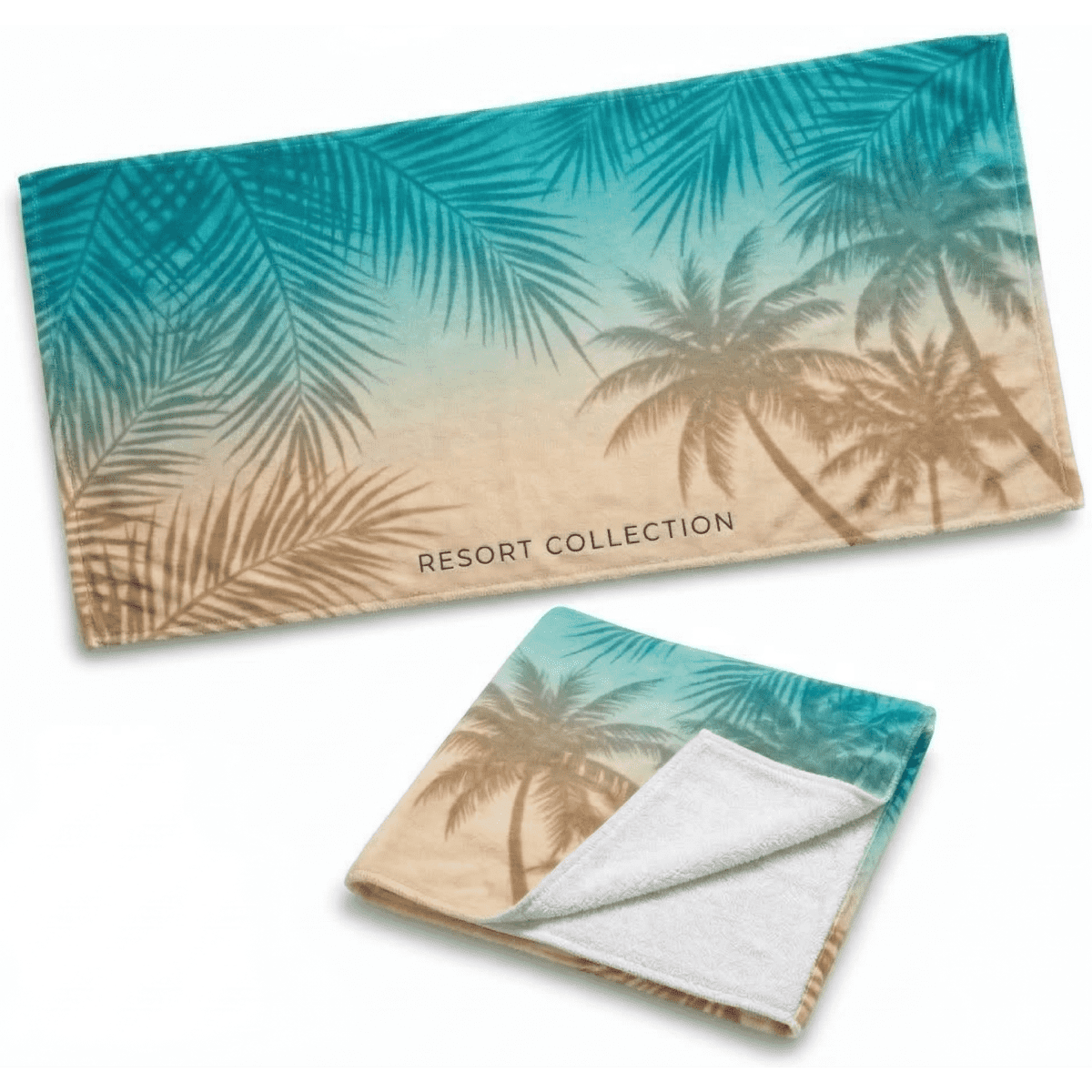 A large towel featuring turquoise and beige colours with palm tree designs, folded to show both sides.