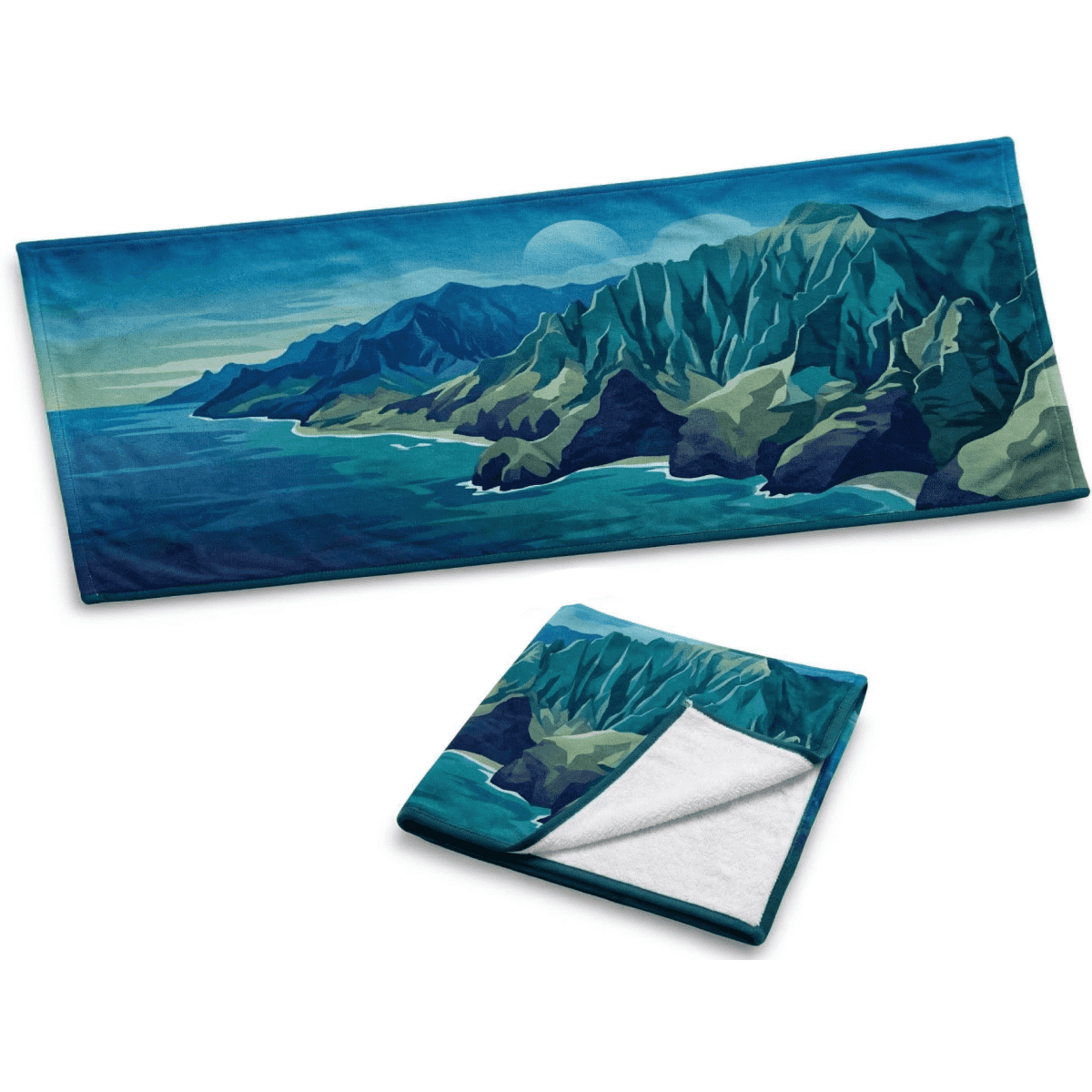 A gym towel featuring a blue and green coastal landscape design, measuring 100 x 40 cm, with a soft, white interior.