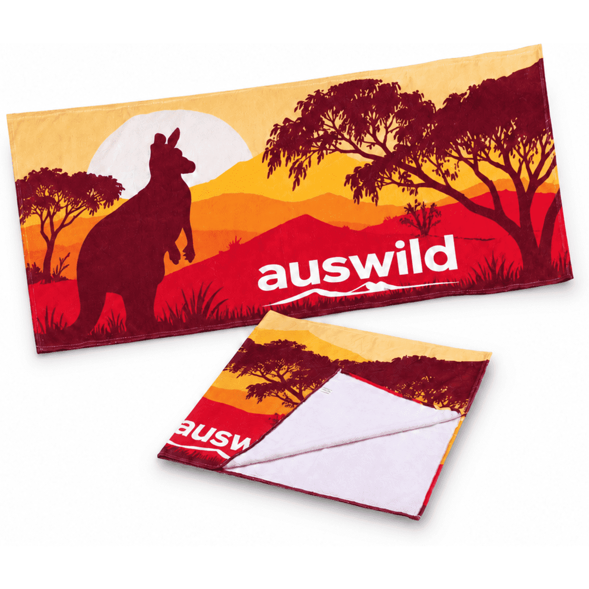 A Maroubra beach towel featuring a kangaroo silhouette against a yellow and red sunset background, with a logo.