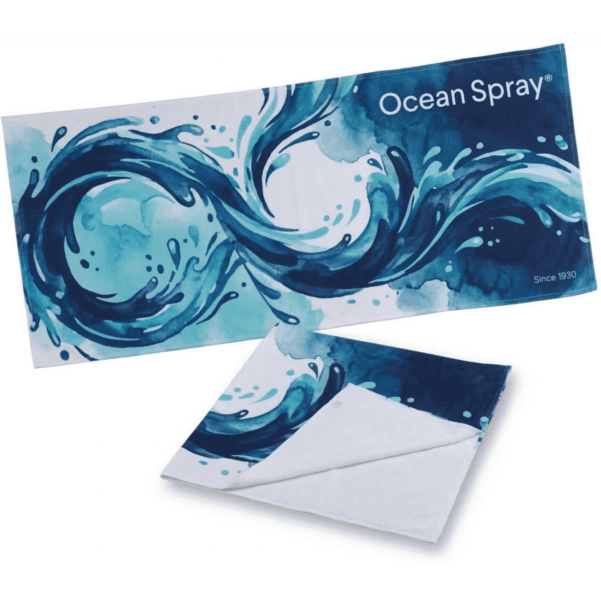 A beach towel featuring an abstract blue water design, measuring 180 x 90 cm, with a logo present.