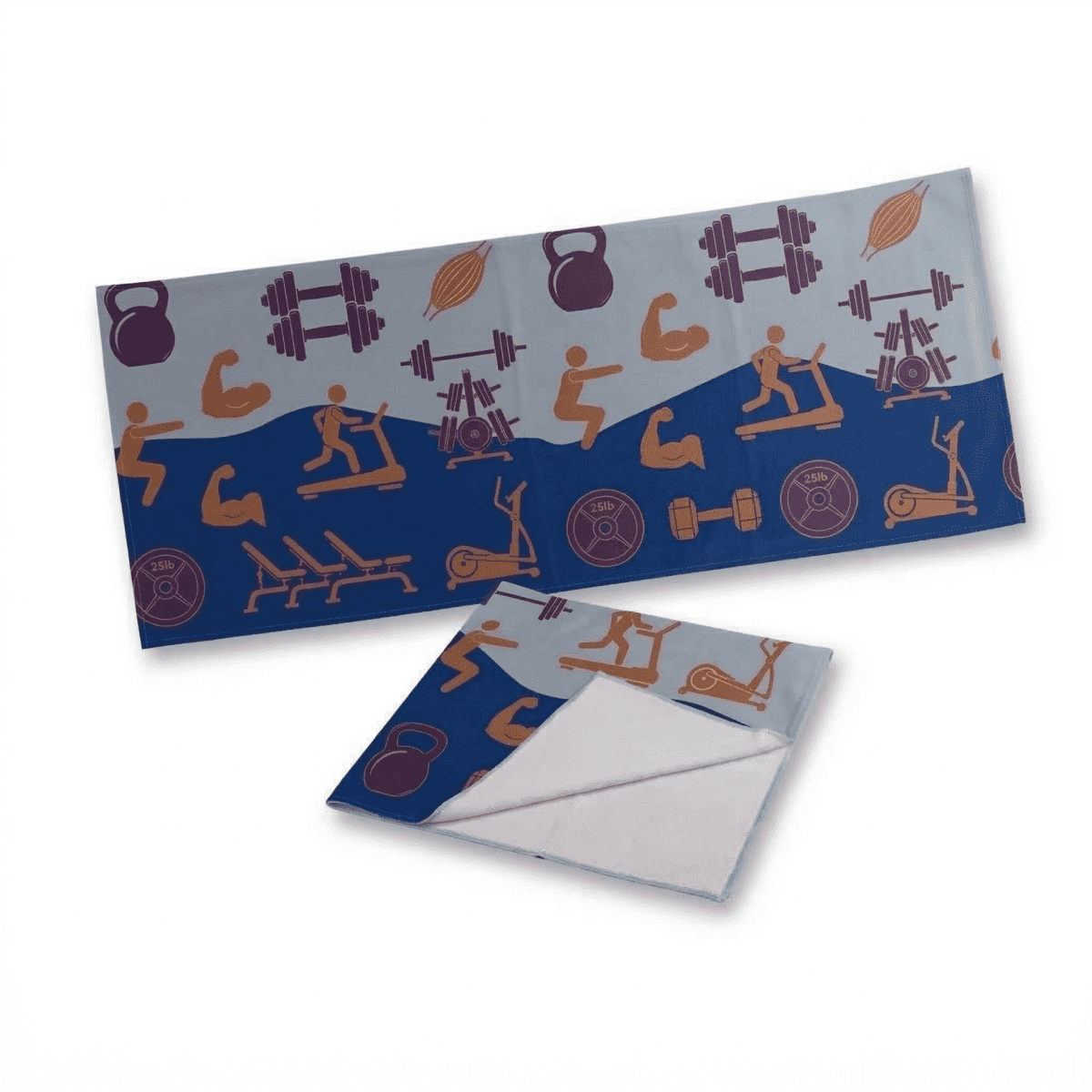 A gym towel featuring illustrations of fitness equipment and activities, predominantly in blue and purple tones.