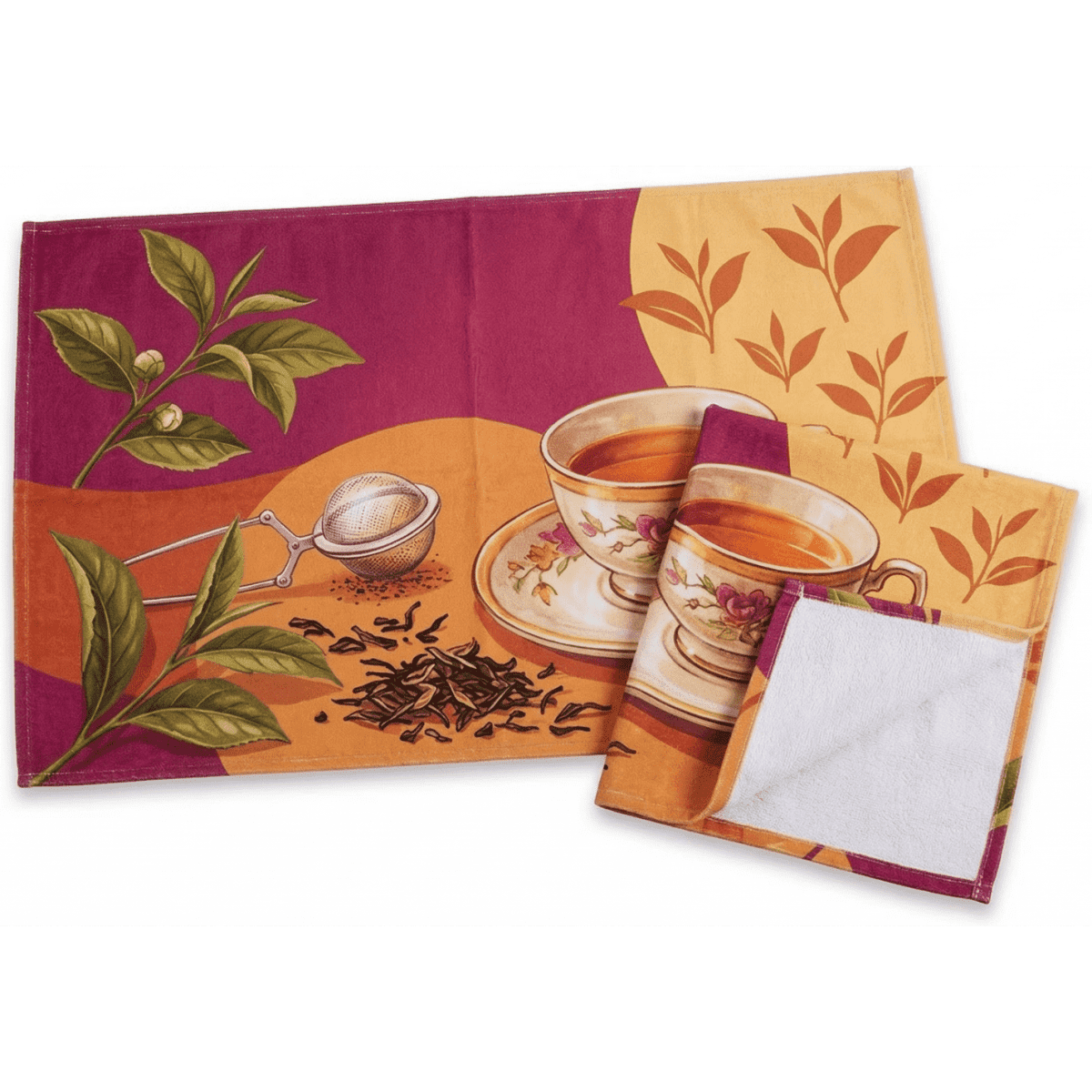 A set of tea towels featuring vibrant orange and purple colours, with illustrations of tea cups and leaves.