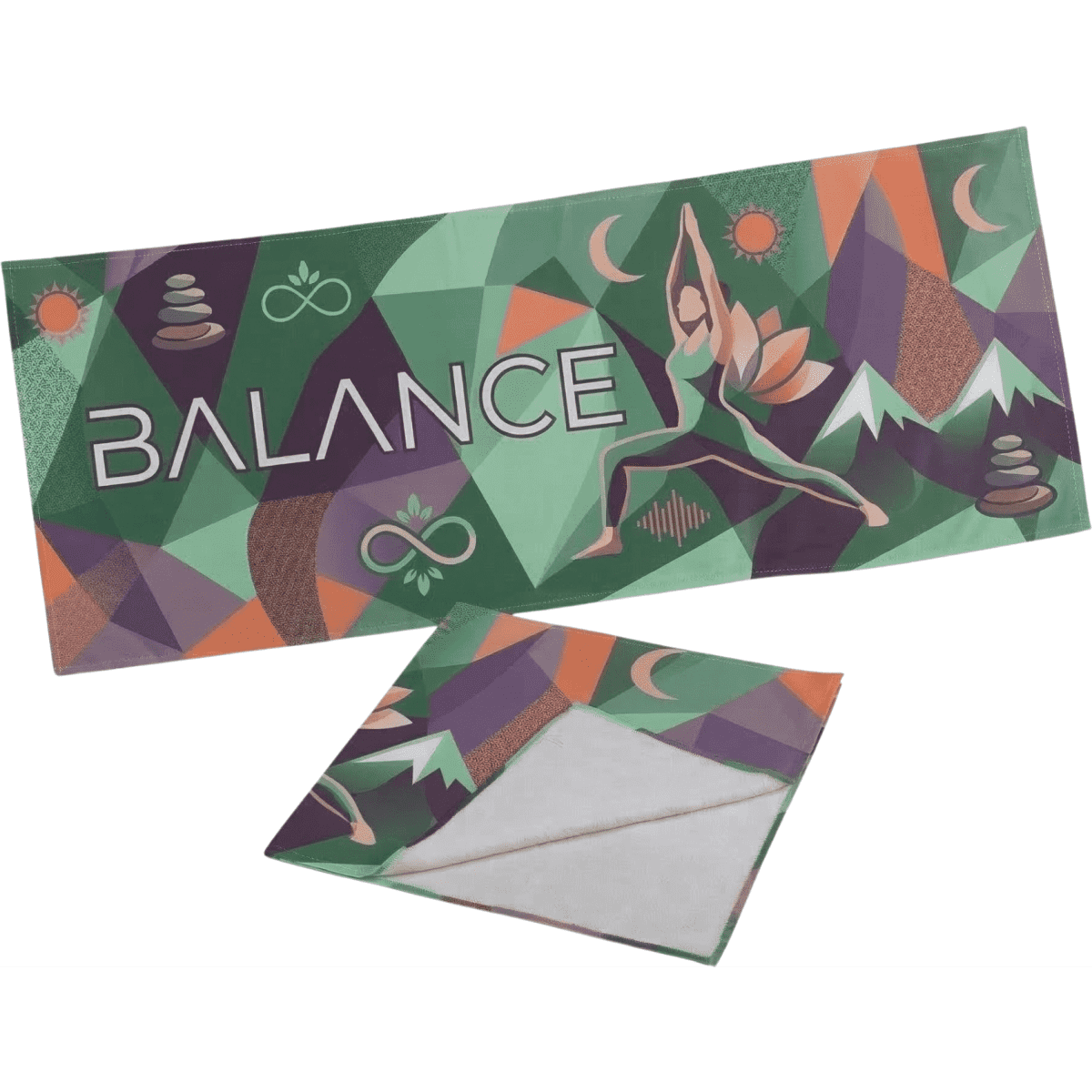 A yoga towel measuring 172 x 61cm in green with geometric patterns and a logo, featuring a yoga pose design.