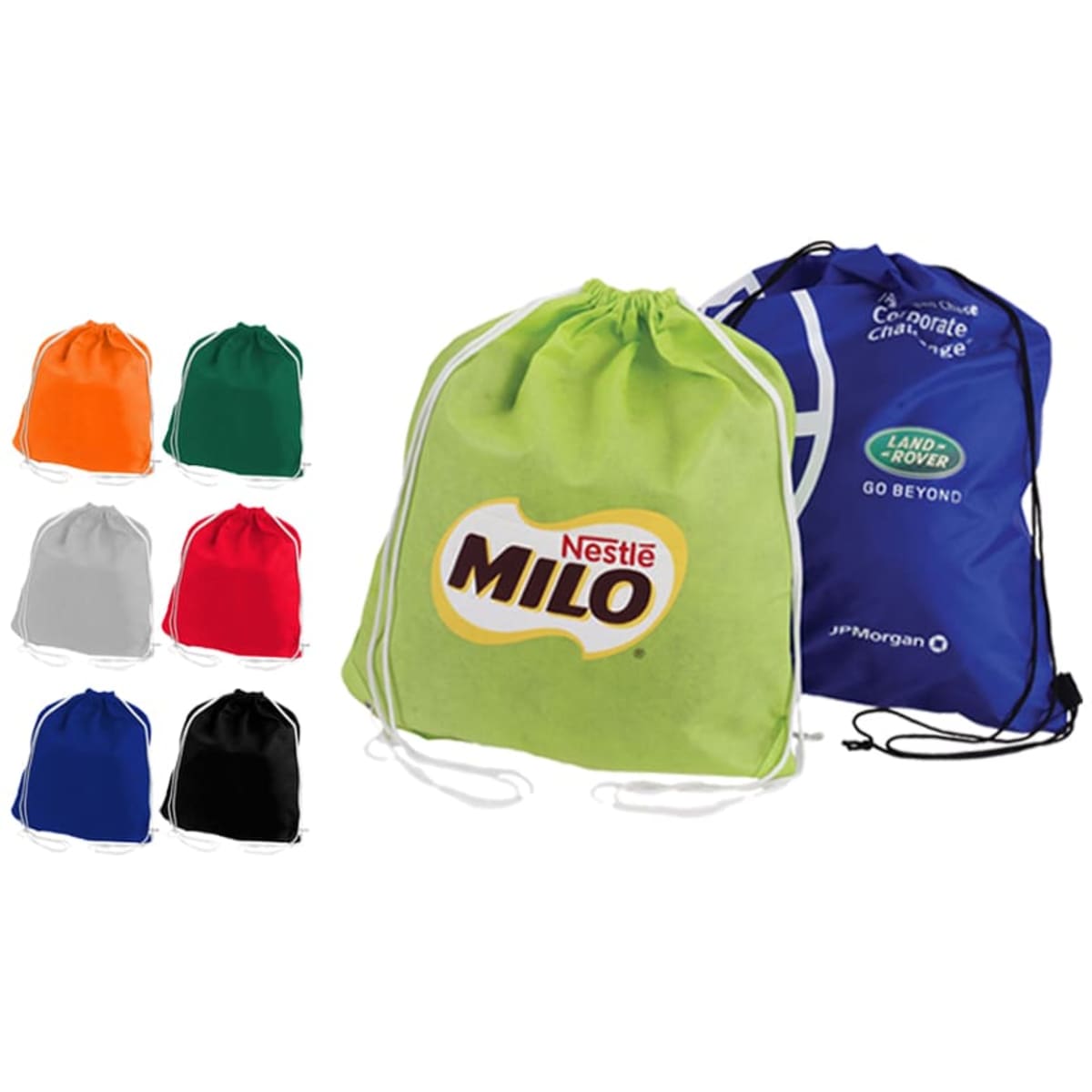 A collection of non-woven drawstring bags in various colours, featuring a logo on one bag.