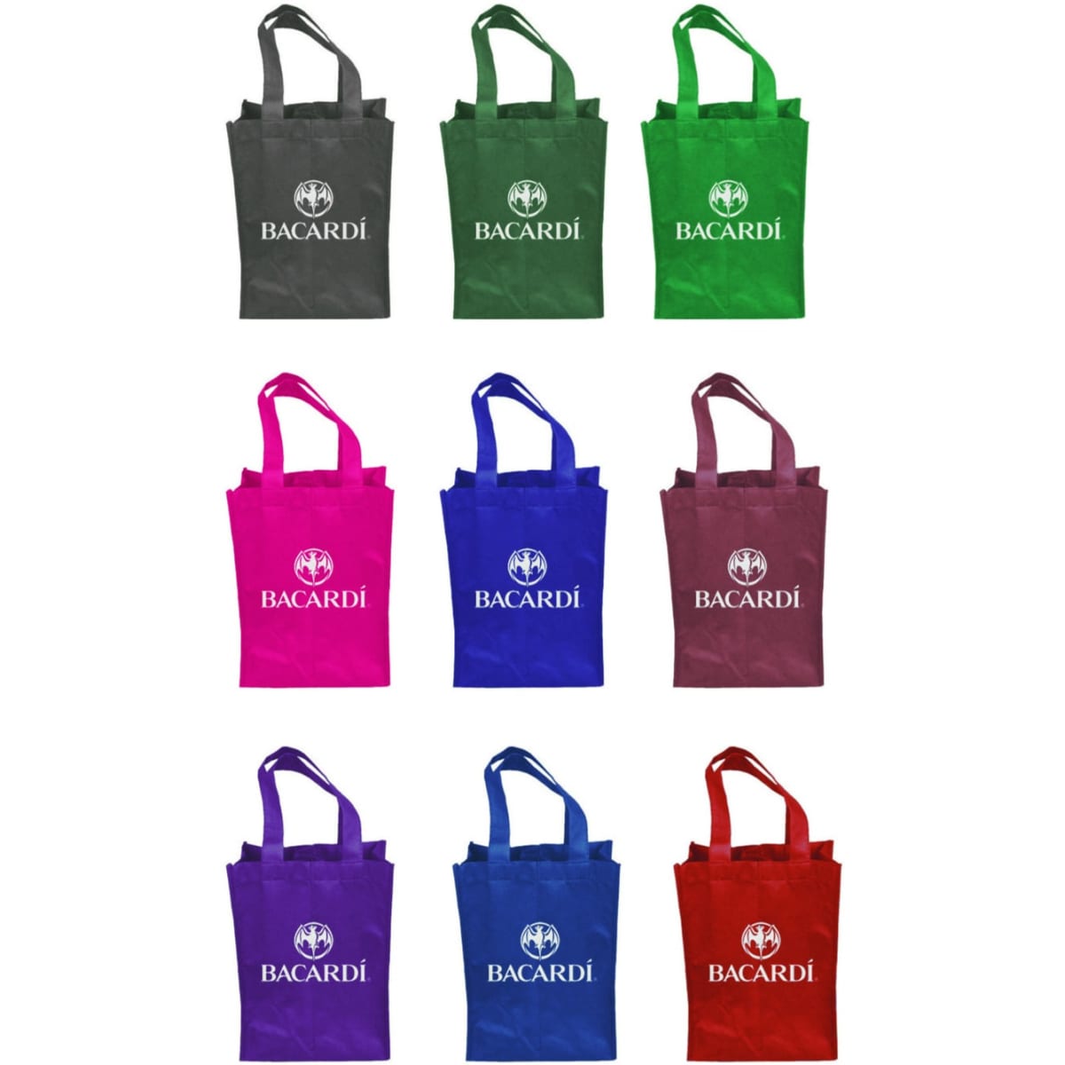 A drink bottle bag collection featuring green, pink, purple, blue, and dark grey bags, each with a logo.