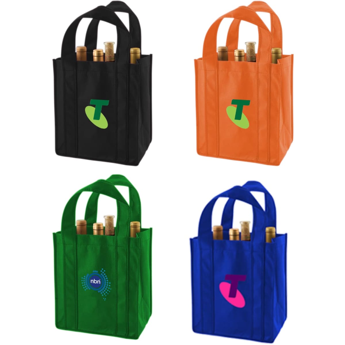 A drink bottle bag featuring four colours: black, orange, green, and blue, each holding multiple drink bottles.