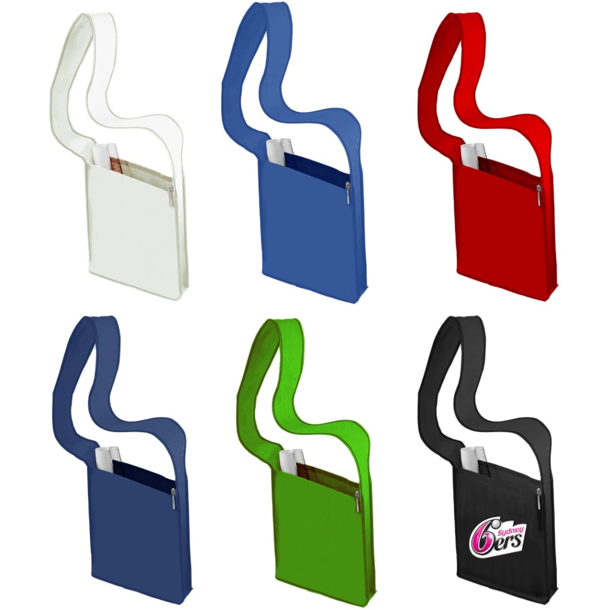A collection of Curl Sling Bags in white, red, green, navy blue, and black, featuring front pockets and handles.