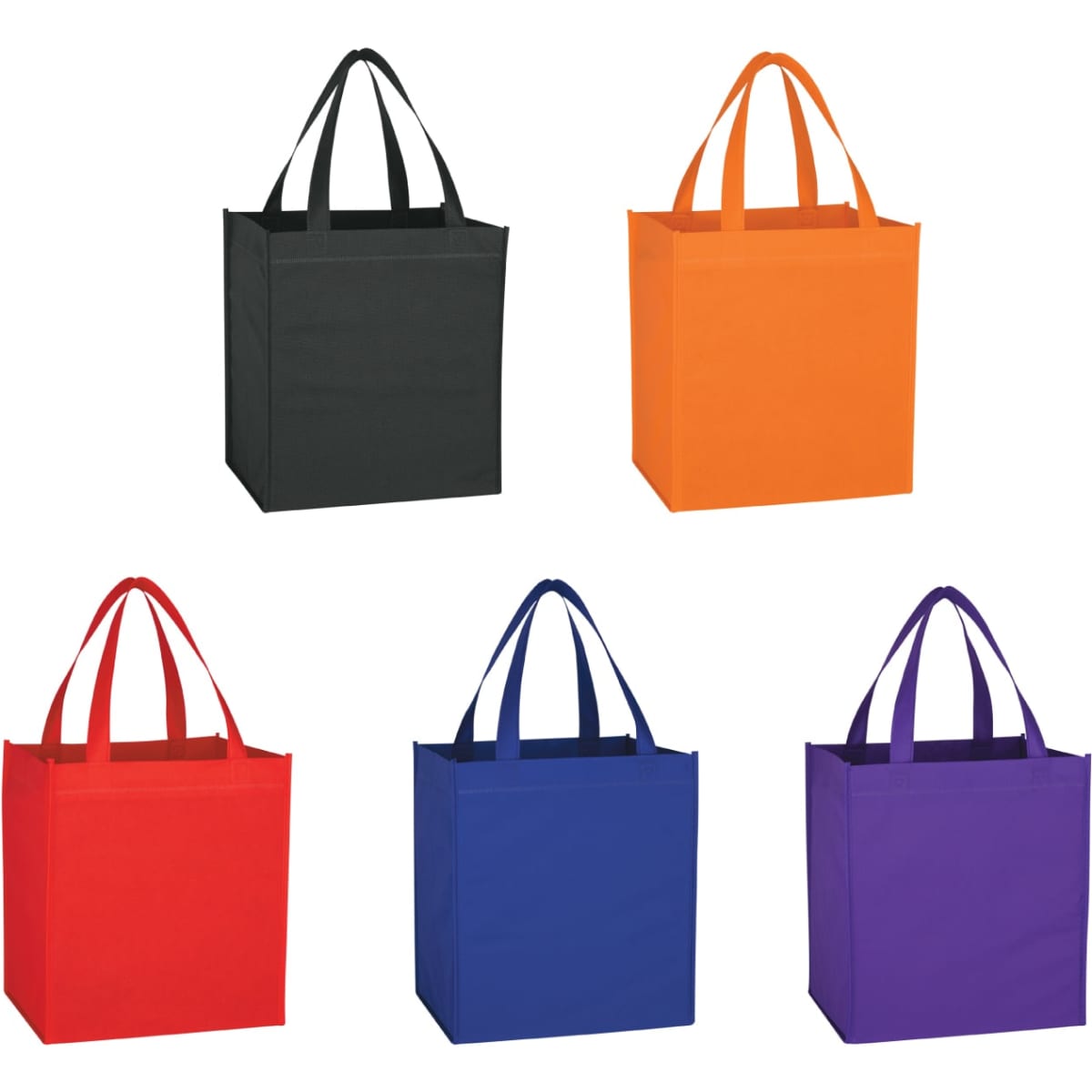A set of five tote bags in black, orange, red, blue, and purple, each with two handles and a simple design.