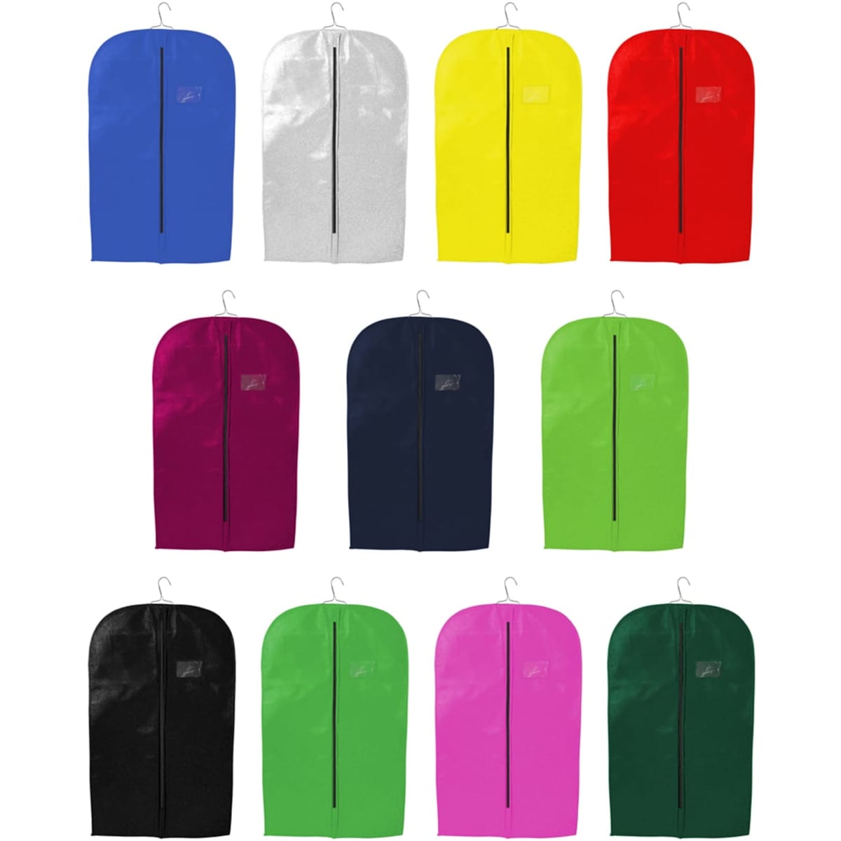 A collection of non-woven garment bags in blue, grey, yellow, red, purple, green, black, and pink, each with a hook and zipper.