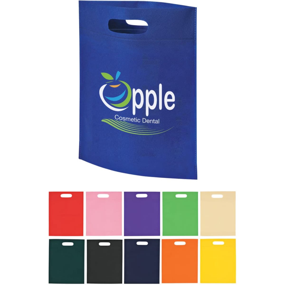 A blue non-woven tote bag with a logo and various colour options displayed below.