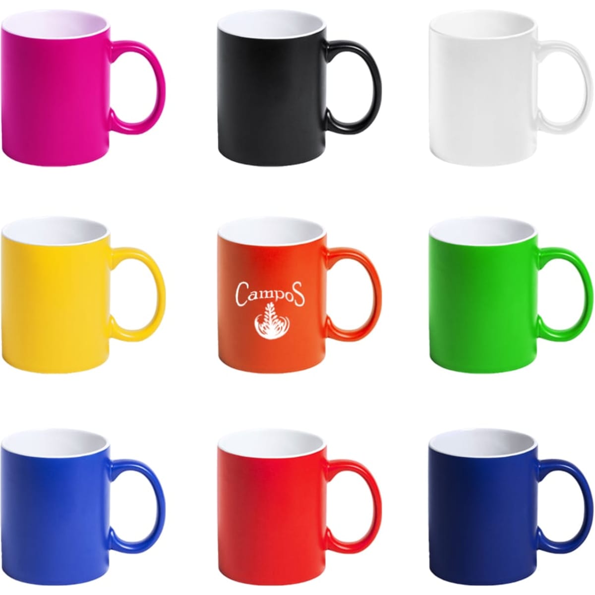 A collection of coffee mugs in pink, black, white, yellow, orange with a logo, green, red, and blue.