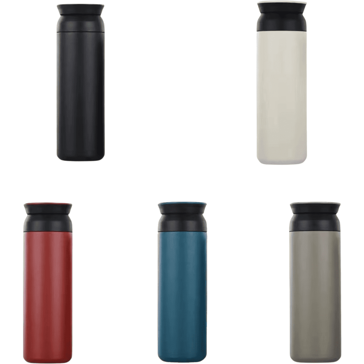 A drink bottle in black, cream, red, teal, and green, featuring sleek designs and black lids. It has a logo.