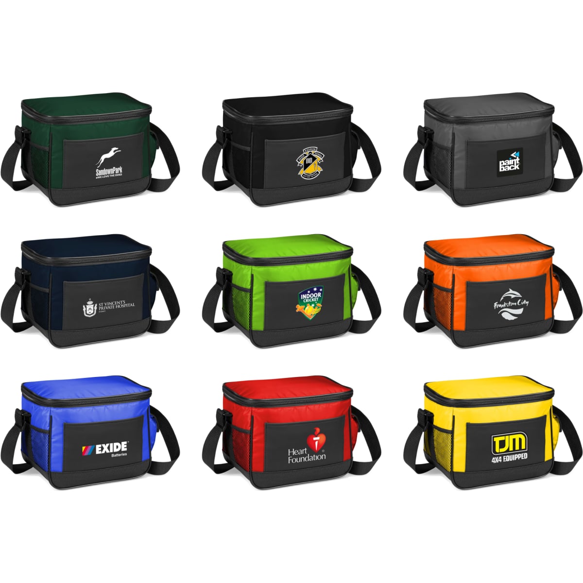 A collection of eight cooler bags in various colours, each with a logo and a detachable strap.