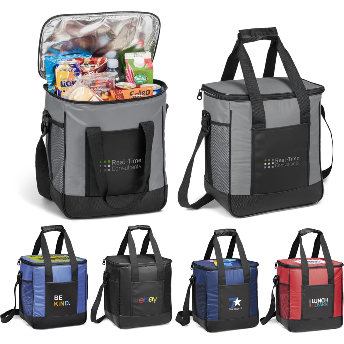 A grey jumbo cooler bag with a zippered opening, filled with snacks and drinks, featuring a logo. Additional smaller bags in various colours below.
