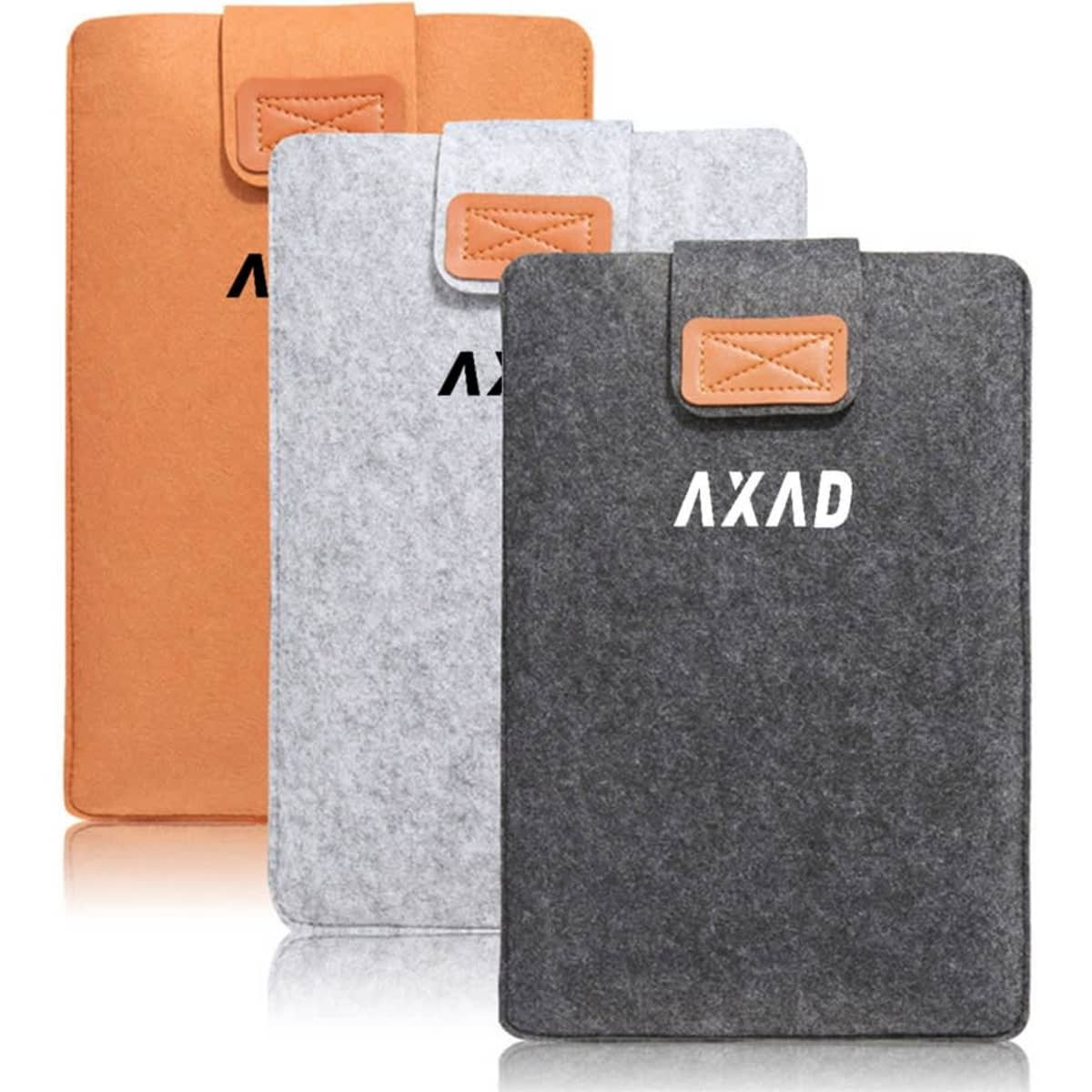 A trio of portable laptop sleeve cases in orange, grey, and dark grey, featuring a logo on the front.
