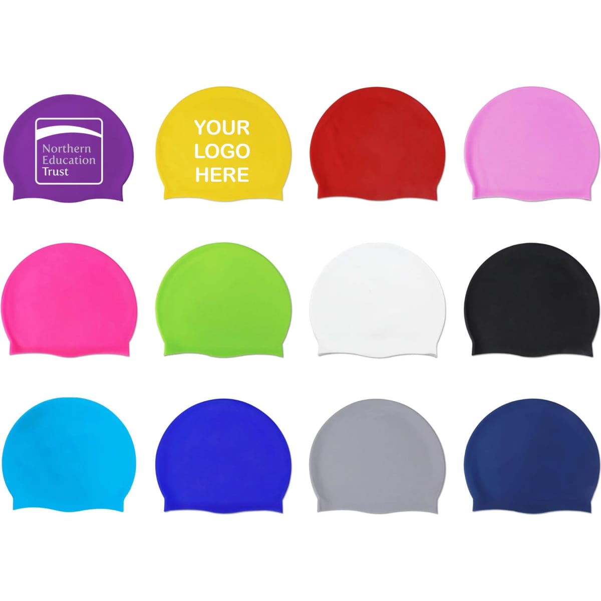 Silicone swimming caps in various colours including purple, pink, green, white, black, blue, and grey, with a logo on one.