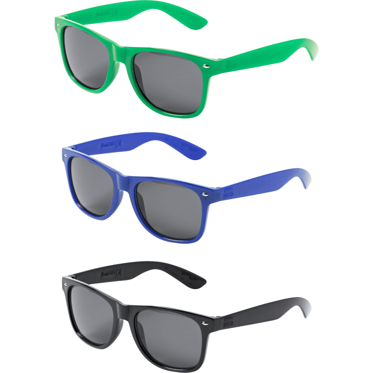 Three pairs of sunglasses in green, blue, and black, each with grey lenses and a logo on the side.