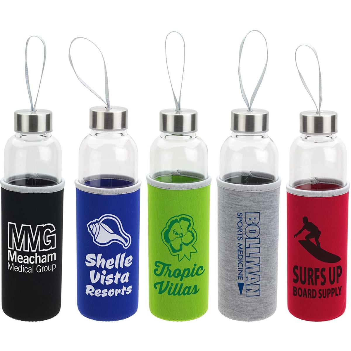 A drink bottle collection featuring transparent glass and coloured neoprene sleeves in black, green, grey, and red.