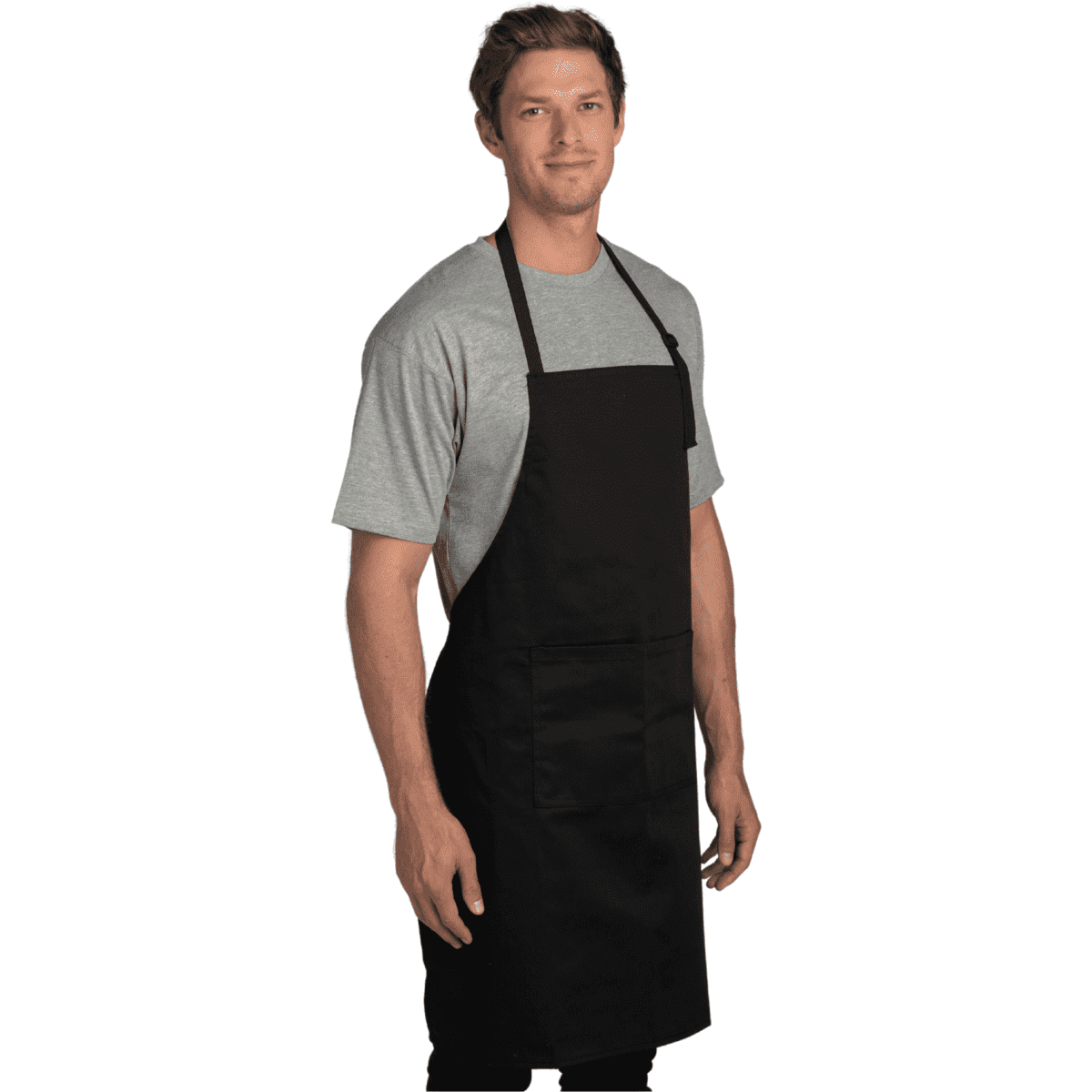 A black chef's apron on a model, featuring a neck strap and front pocket. The model wears a grey t-shirt underneath.