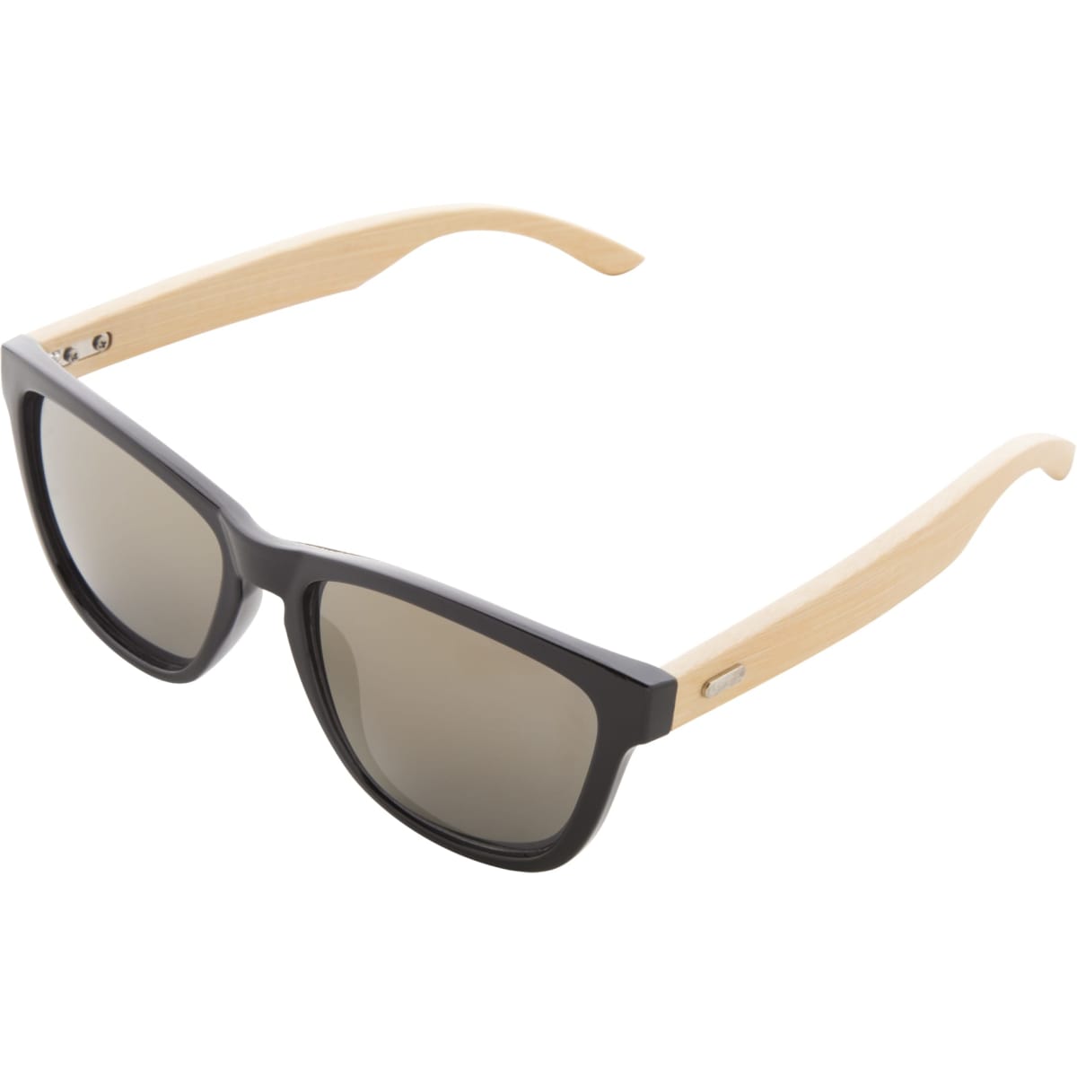 Sunglasses featuring a black front and wooden-style arms, with a logo on the side.