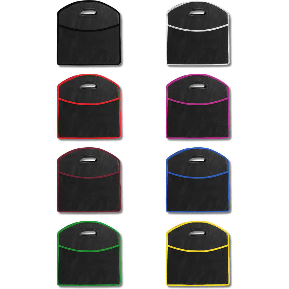 An assortment of expandable boot organisers in various colours: red, purple, blue, green, and yellow. Each has a handle.