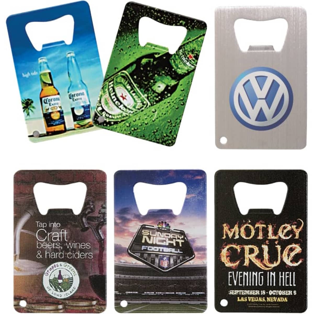 A drink bottle opener featuring various designs in colours like blue, green, and silver, with a logo on one.