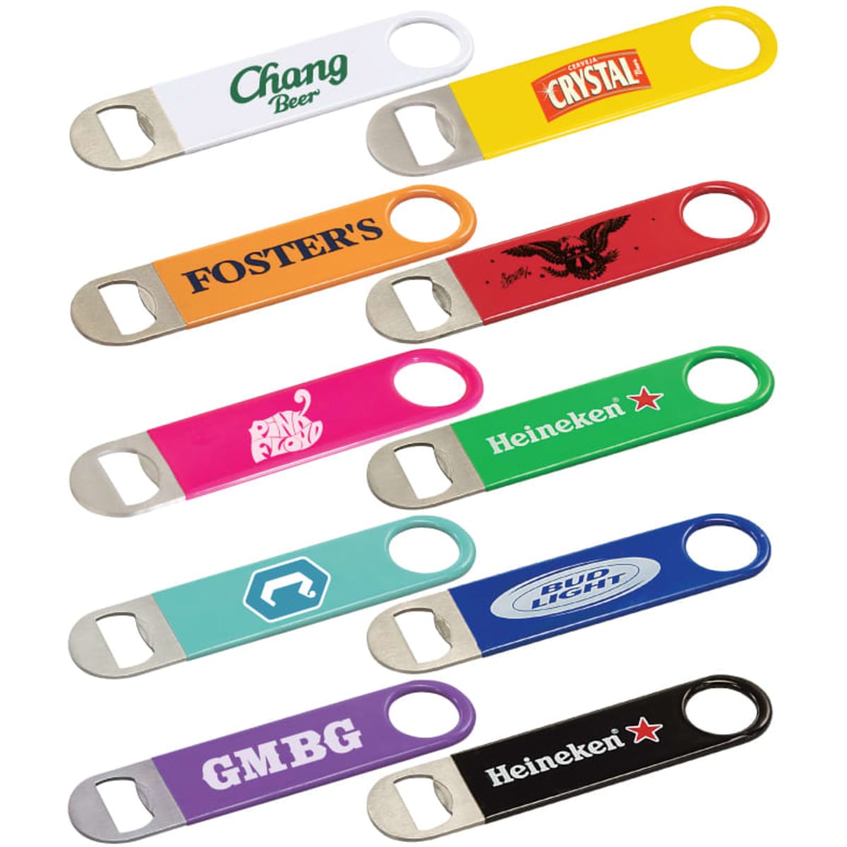 A collection of vinyl wrapped paddle style bottle openers in various colours, each featuring different logos and branding.