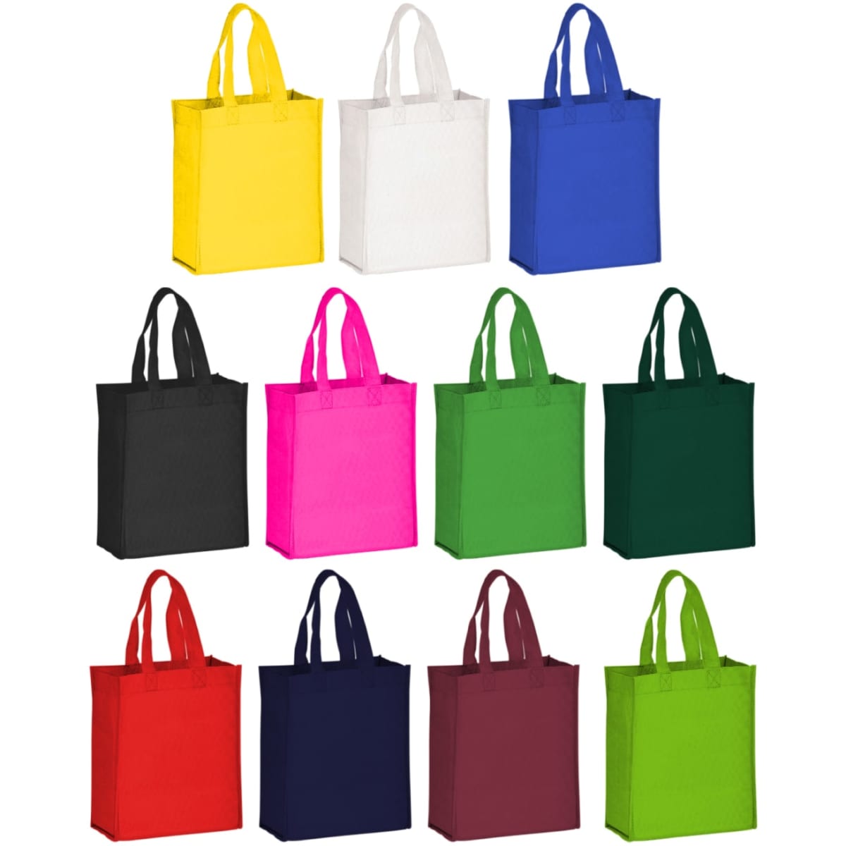 A collection of non-woven tote bags in various colours, including yellow, white, black, pink, green, navy, and burgundy.
