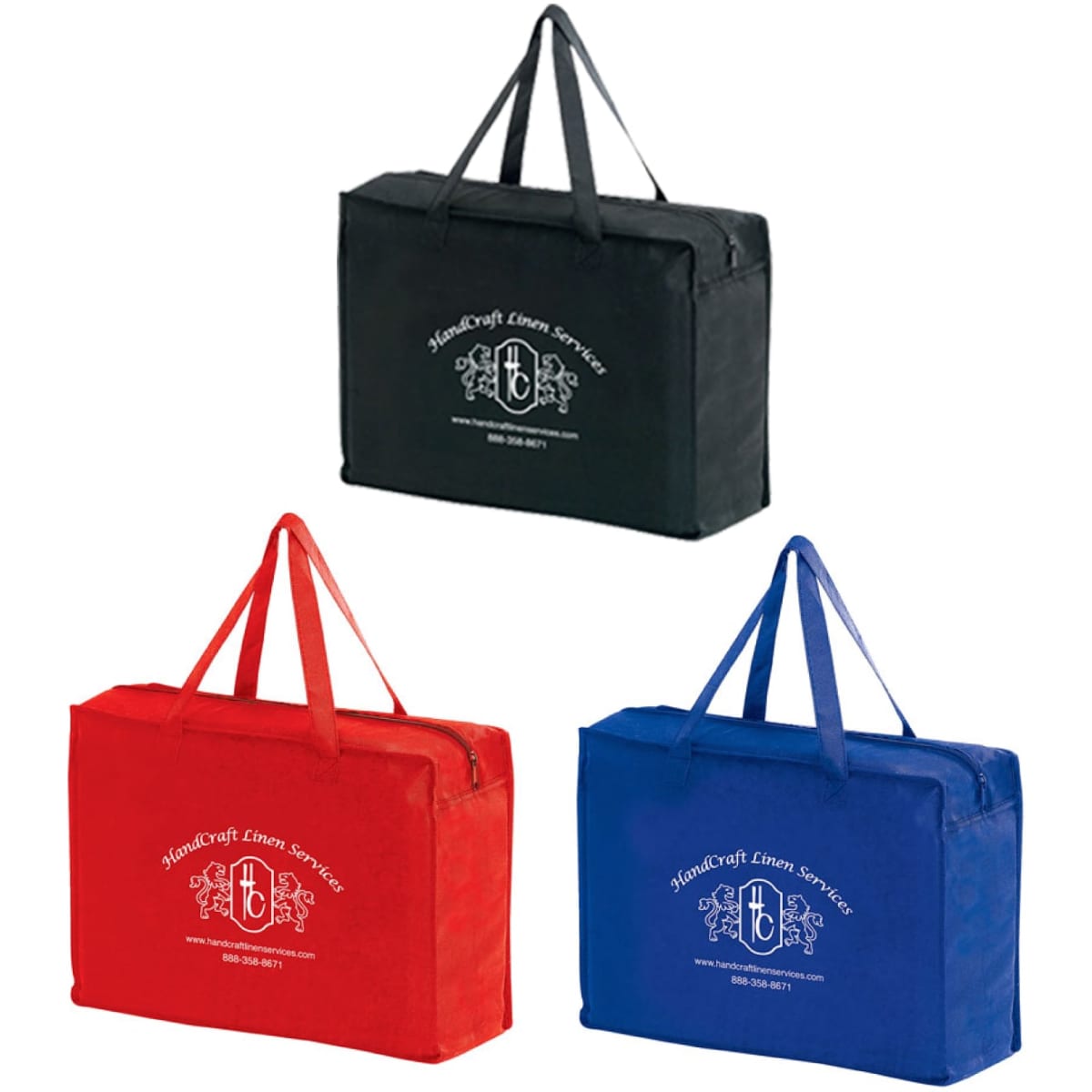 A set of non-woven briefcase totes in black, red, and blue, each featuring a logo. Zipper closure and dual handles are visible.