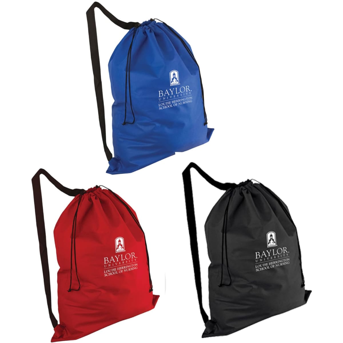 A collection of non-woven laundry duffel bags in blue, red, and black with over-the-shoulder straps and branding.