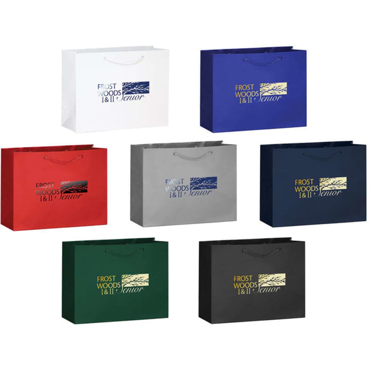 A collection of landscape tote bags in white, blue, red, green, black, and other colours with handles and logos.