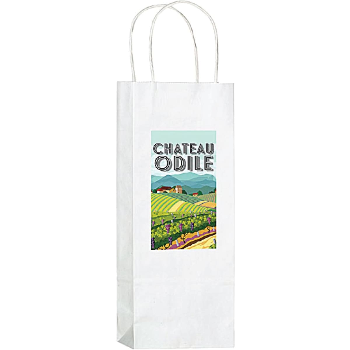 A drink bottle is housed in a white kraft paper wine tote with handles and a logo on the front.