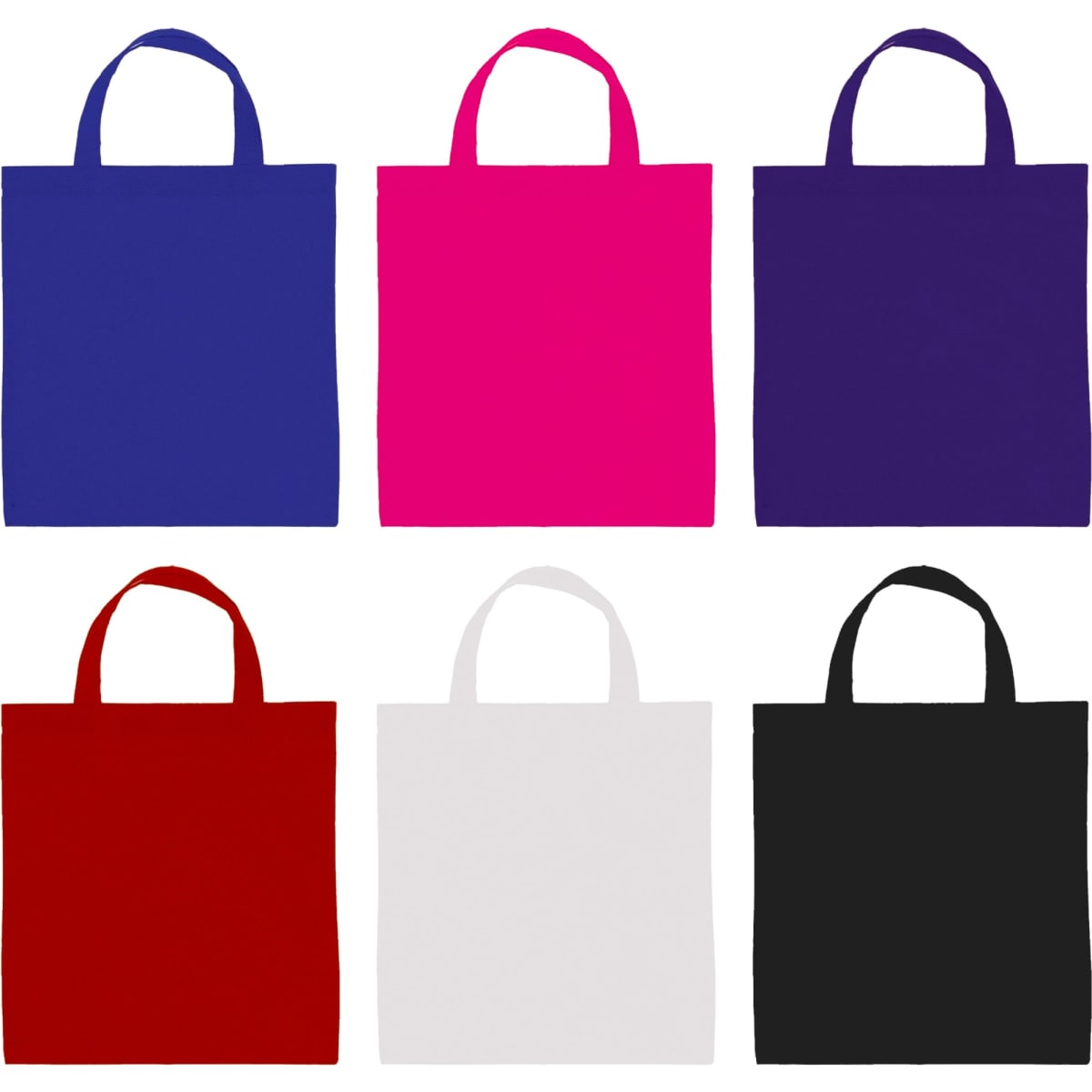 A collection of tote bags in blue, pink, purple, red, white, and black, featuring handles and a logo.