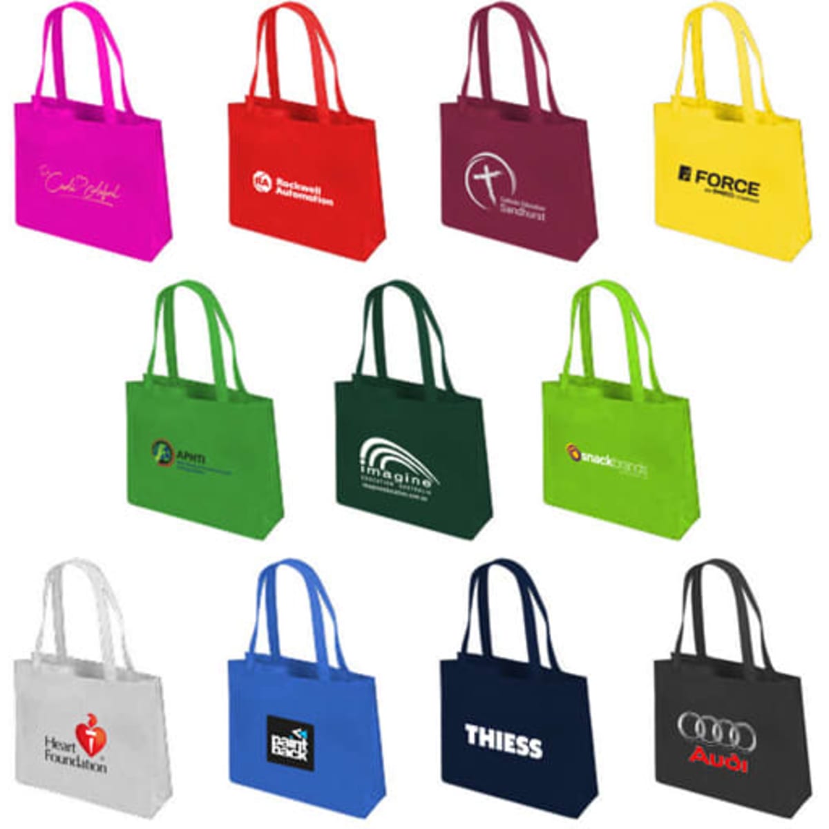A variety of tote bags in different colours including pink, yellow, green, blue, and black, featuring various logos.