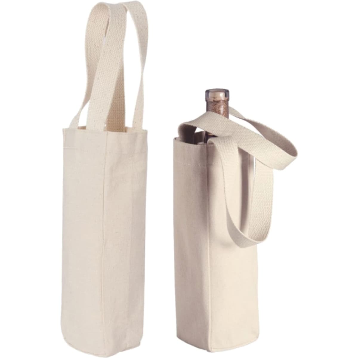 A drink bottle tote in natural cotton colour with long handles, designed to carry a wine bottle.