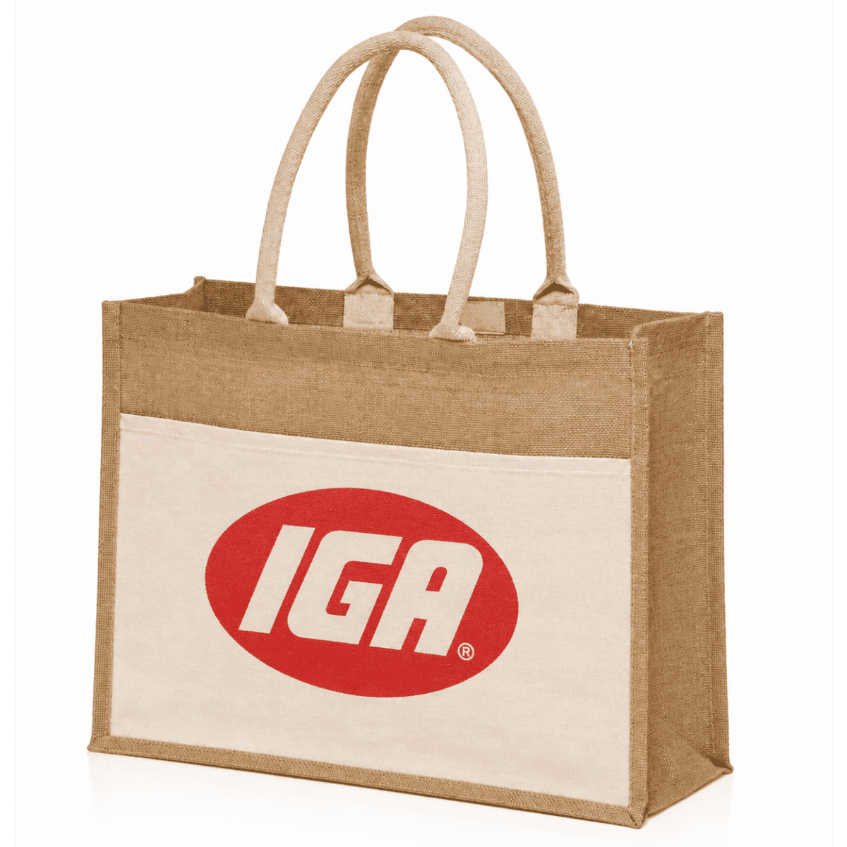 A jute tote bag in natural and tan colours, featuring two handles and a front pocket with a logo.