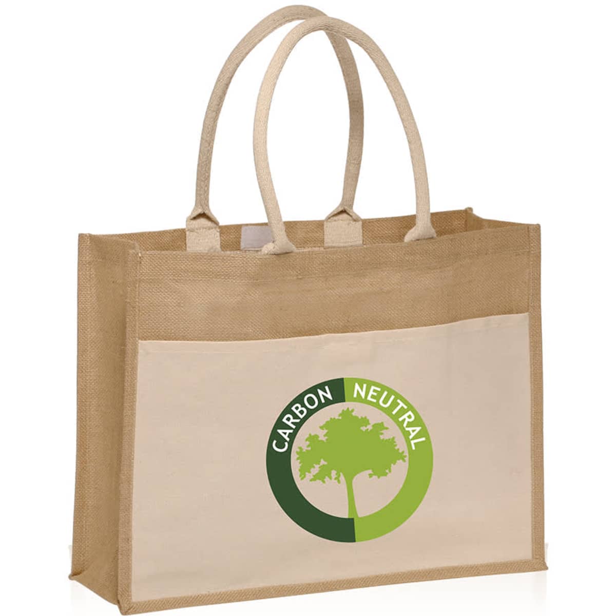 A jute tote bag featuring handles, a cream body, and a green logo on the front.