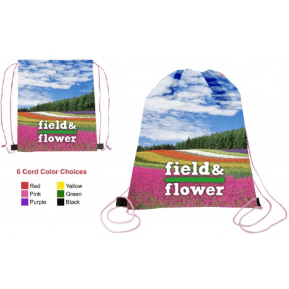 A drawstring backpack featuring a vibrant floral field design with a blue sky, available in various cord colours.
