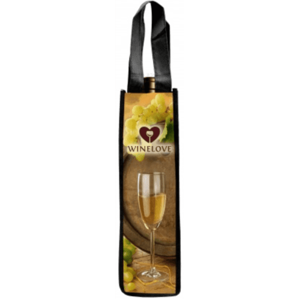 A drink bottle bag in black and yellow, featuring a design with a wine glass and grapes. Includes a logo.